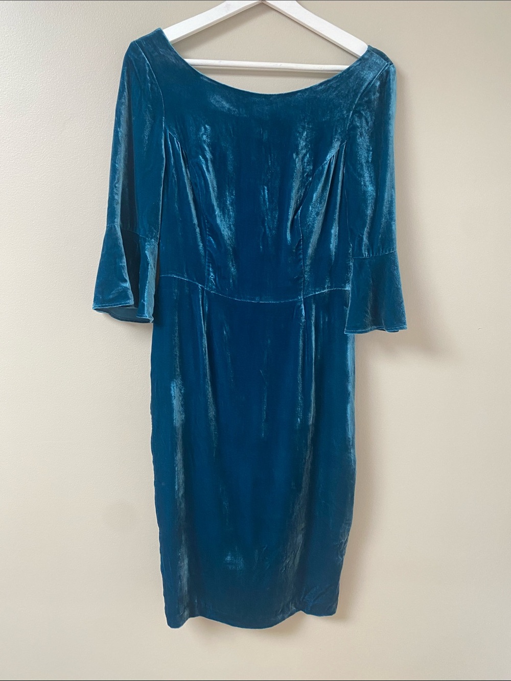 Boden Teal Velvet Midi Dress with Fluted Sleeves